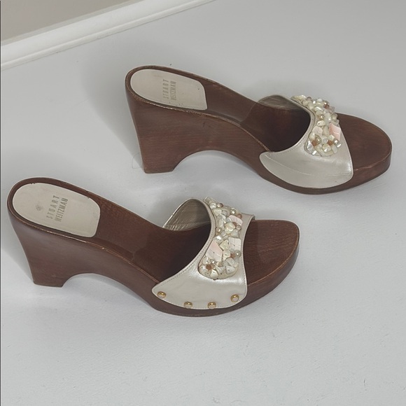 Stuart Weitzman Wood Sole Cream Shells Beads Y2K Beach Resortwear Spain Sandals - Picture 3 of 11